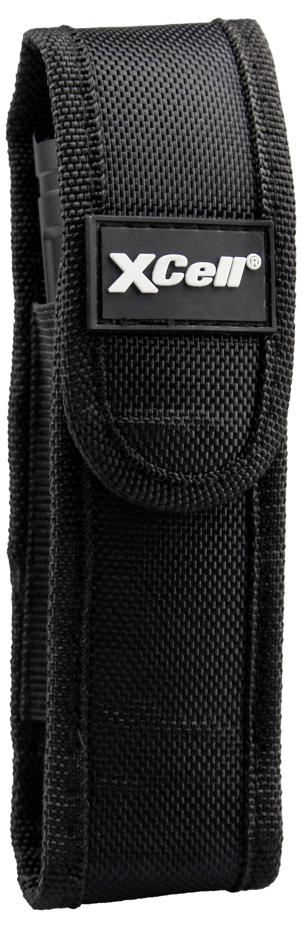 Schwarzes Etui aus robustem Material mit Klappverschluss, Markenlogo 'XCell' auf der Vorderseite.