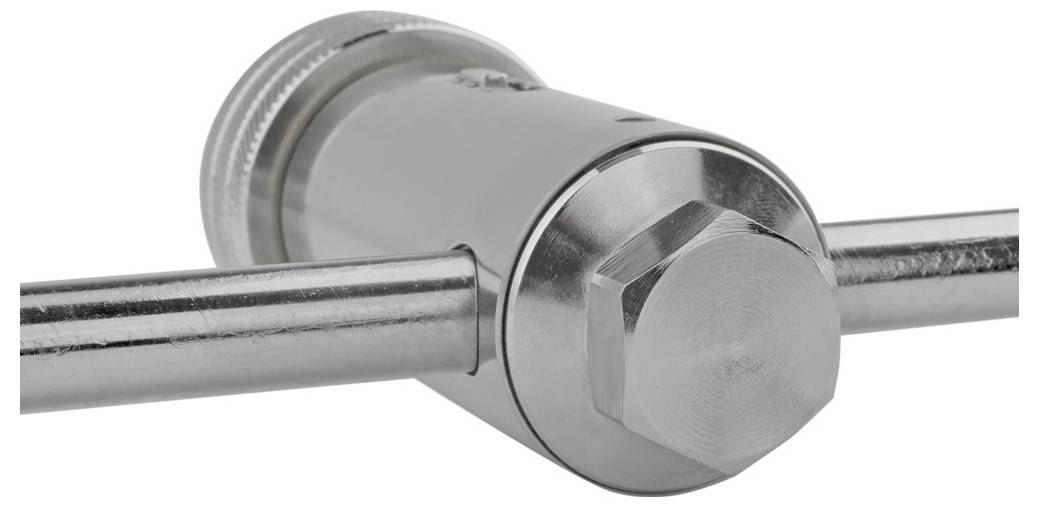 Metallmechanismus mit einem großen sechseckigen Bolzen in der Mitte, verbunden mit zwei parallelen Stangen.