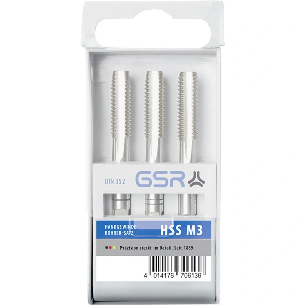 GSR 00706130 Handgewindebohrer-Set 3teilig metrisch M3 0.5 Rechtsschneidend DIN 352 HSS-G 1 St. GSR 00706130 Handgewindebohrer-Set 3teilig metrisch M3 0.5 Rechtsschneidend DIN 352 HSS-G 1 St.