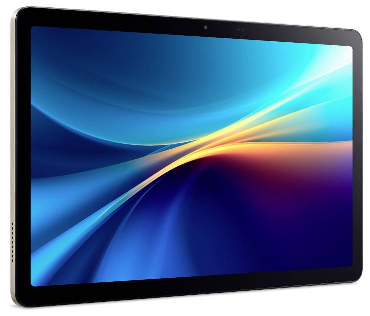 Tablet mit blauem und orangem Lichtmuster auf dem Bildschirm vor einem weißen Hintergrund.