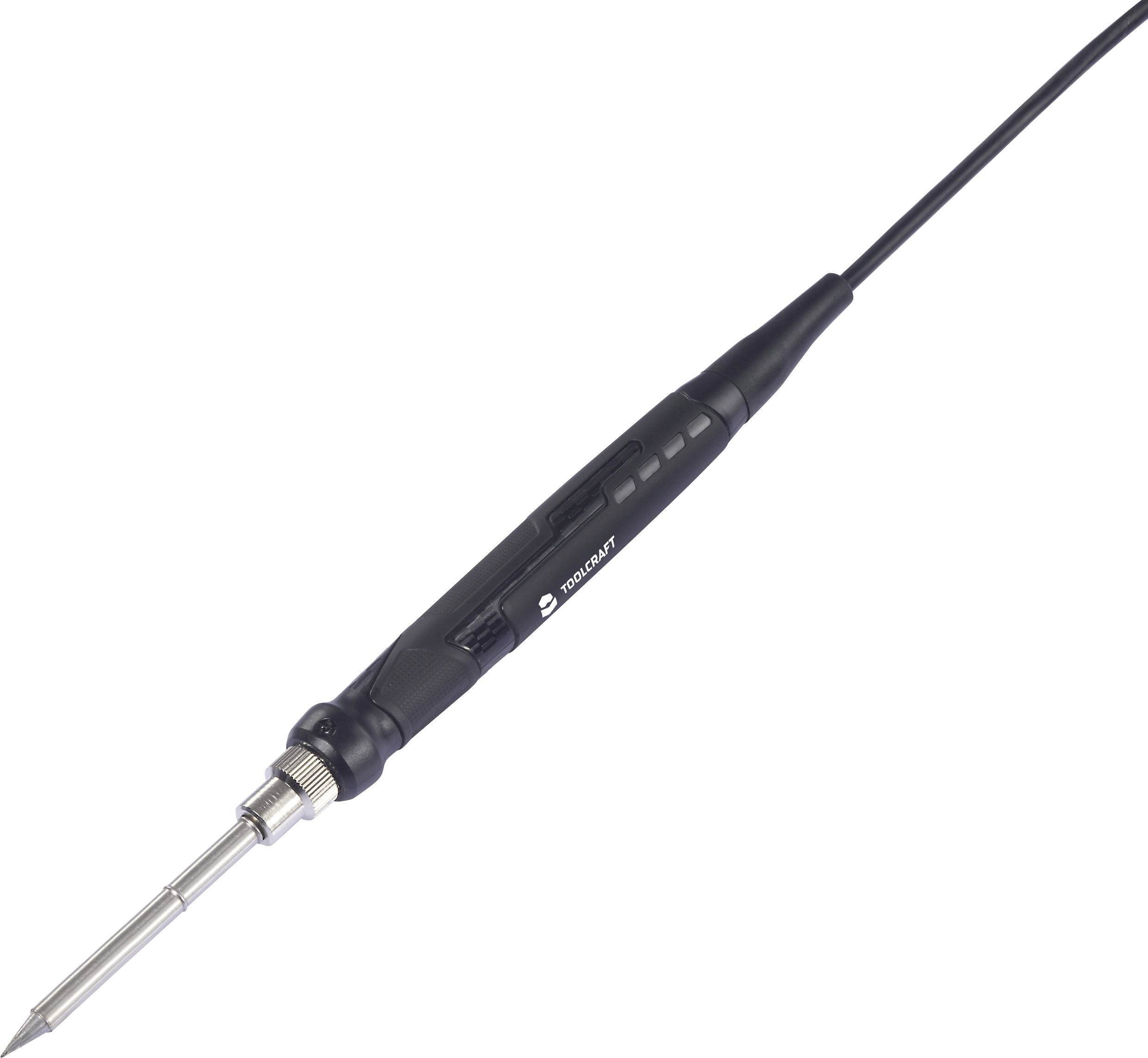 Elektrischer Lötkolben mit schlanker Spitze und schwarzem Griff. Geeignet für Präzisionslötarbeiten an elektronischen Komponenten.