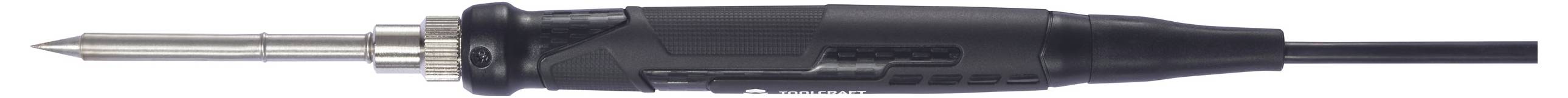 Ein schwarzer Lötkolben mit spitzem Metallkopf, über ein Kabel mit Strom verbunden, liegt horizontal in der Bildmitte.