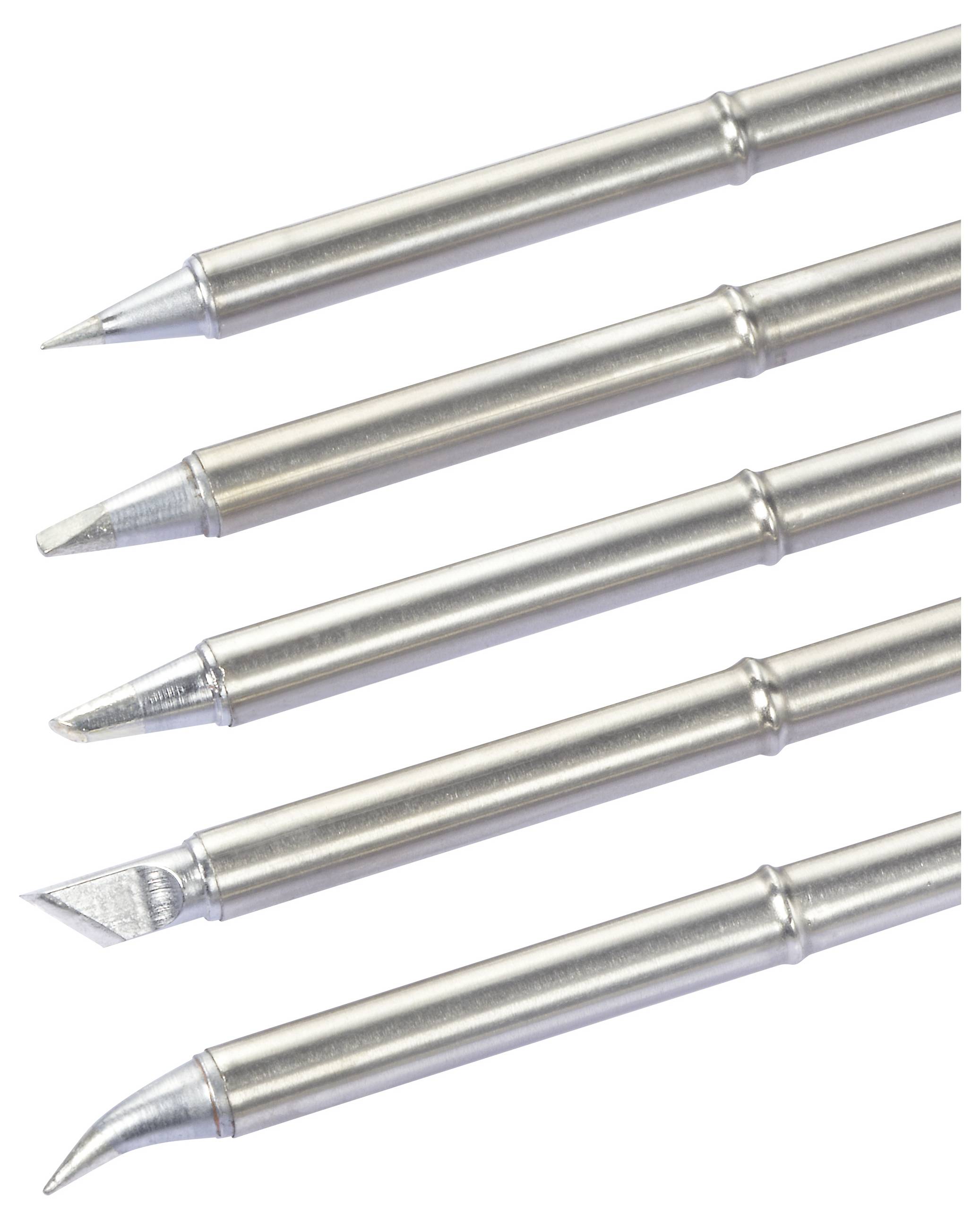 Fünf verschiedene Lötspitzen aus Metall, jeweils mit unterschiedlicher Form, für präzise elektronische Arbeiten geeignet.
