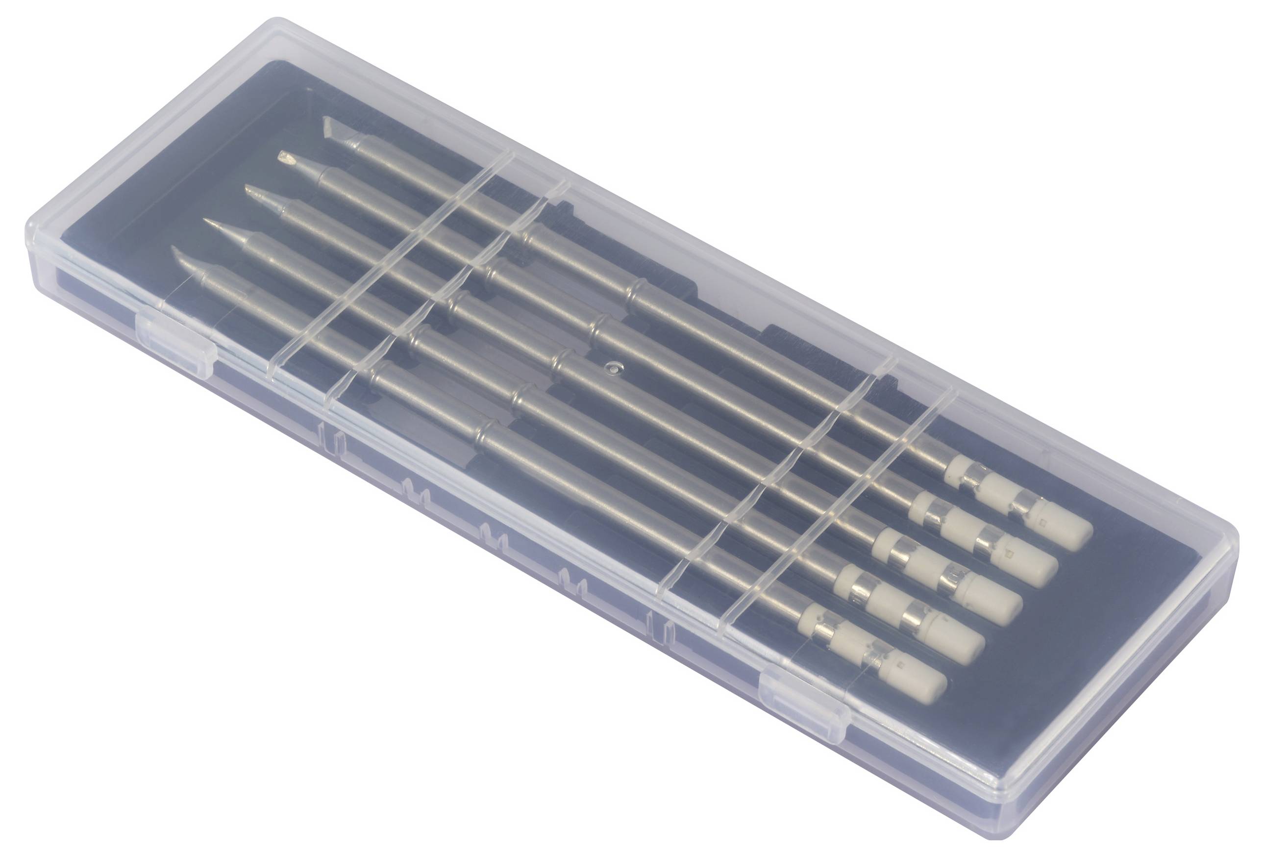 Eine transparente Kunststoffbox mit fünf feinen metallischen Nadeln, die parallel zueinander liegen, zur Verwendung in medizinischen oder technischen Anwendungen.
