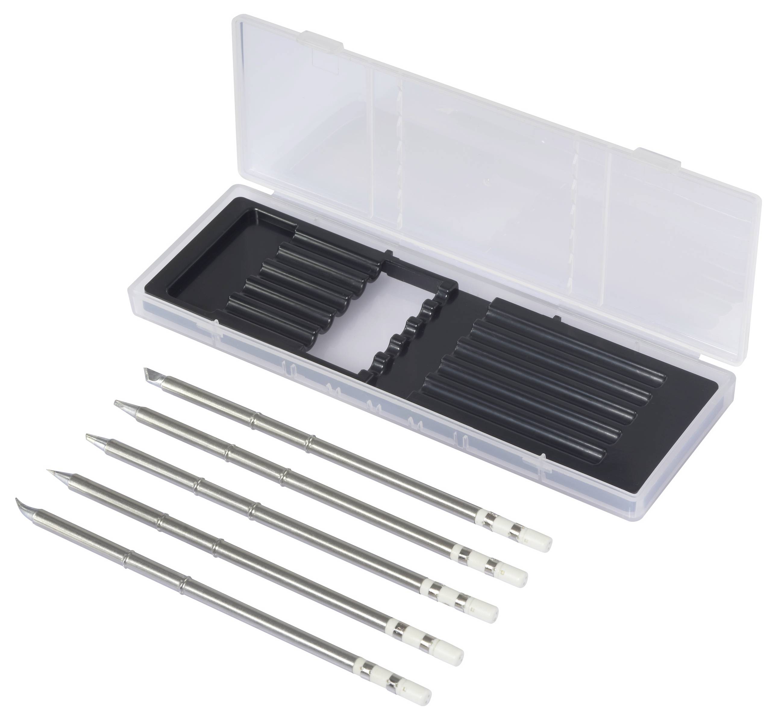 Metallische Präzisionswerkzeug-Set mit vier doppelseitigen Werkzeugen und transparentem Etui, geeignet für filigrane Arbeiten.