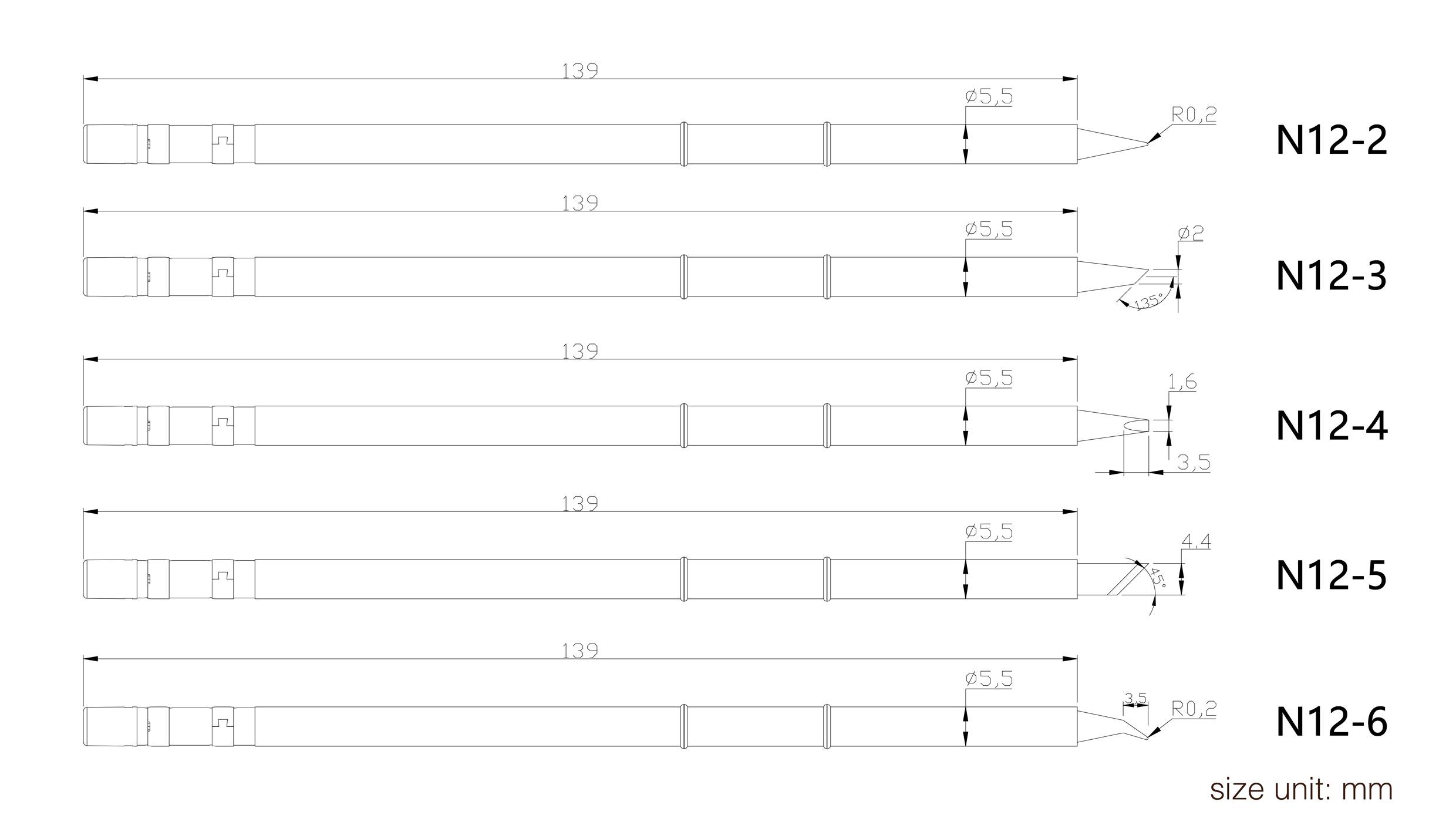 'Diagramm der N12-2 bis N12-6 Maßeinheiten in mm'. Fünf rechteckige Objekte mit kleinen Details in der Mitte und Bemaßungslinien.
