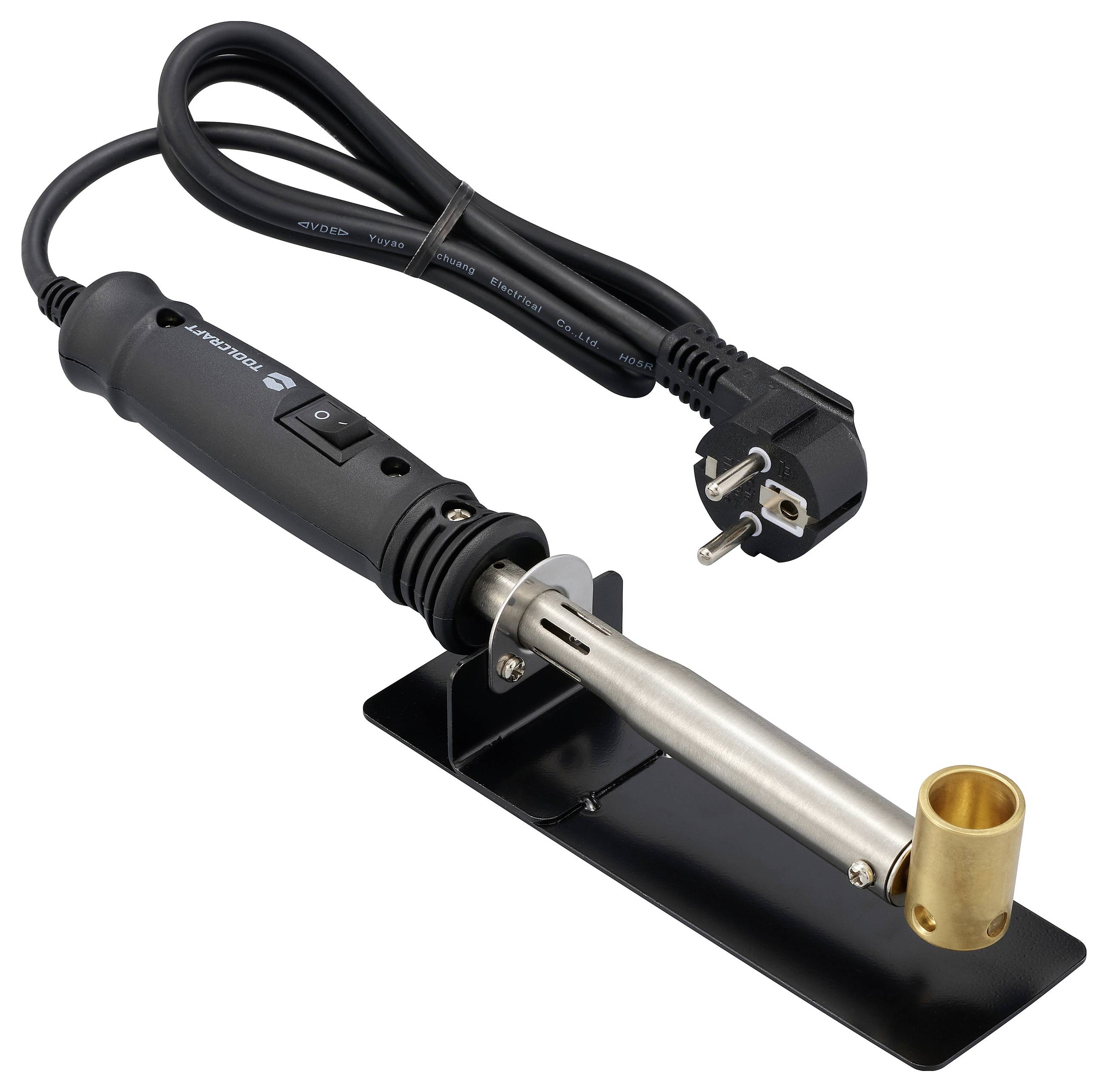 Ein Lötkolben mit schwarzem Griff und europäischem Stecker, auf einer Metallplatte platziert. Geeignet für Lötarbeiten in Elektronik.