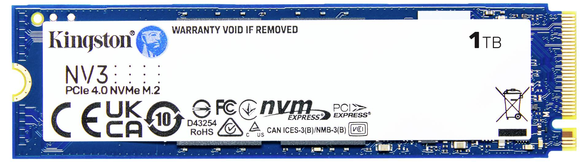 Eine Kingston NV3 PCIe 4.0 NVMe M.2 SSD mit einer Speicherkapazität von 1 TB, geeignet für schnellen Datentransfer in Computern.