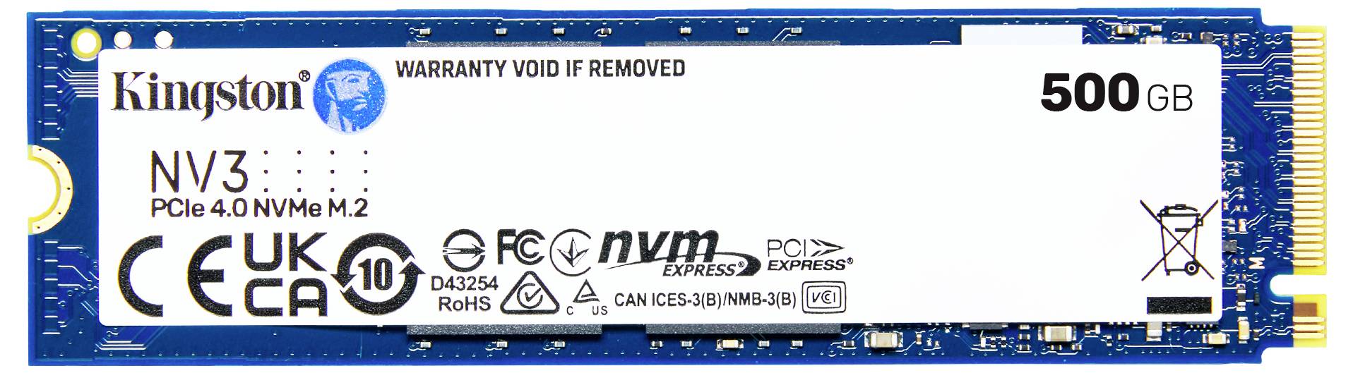 SSD von Kingston mit 500GB Kapazität, NV3 PCIe 4.0 NVMe, Etikett zeigt CE- und RoHS-Zeichen sowie Warnhinweis 'WARRANTY VOID IF REMOVED'.