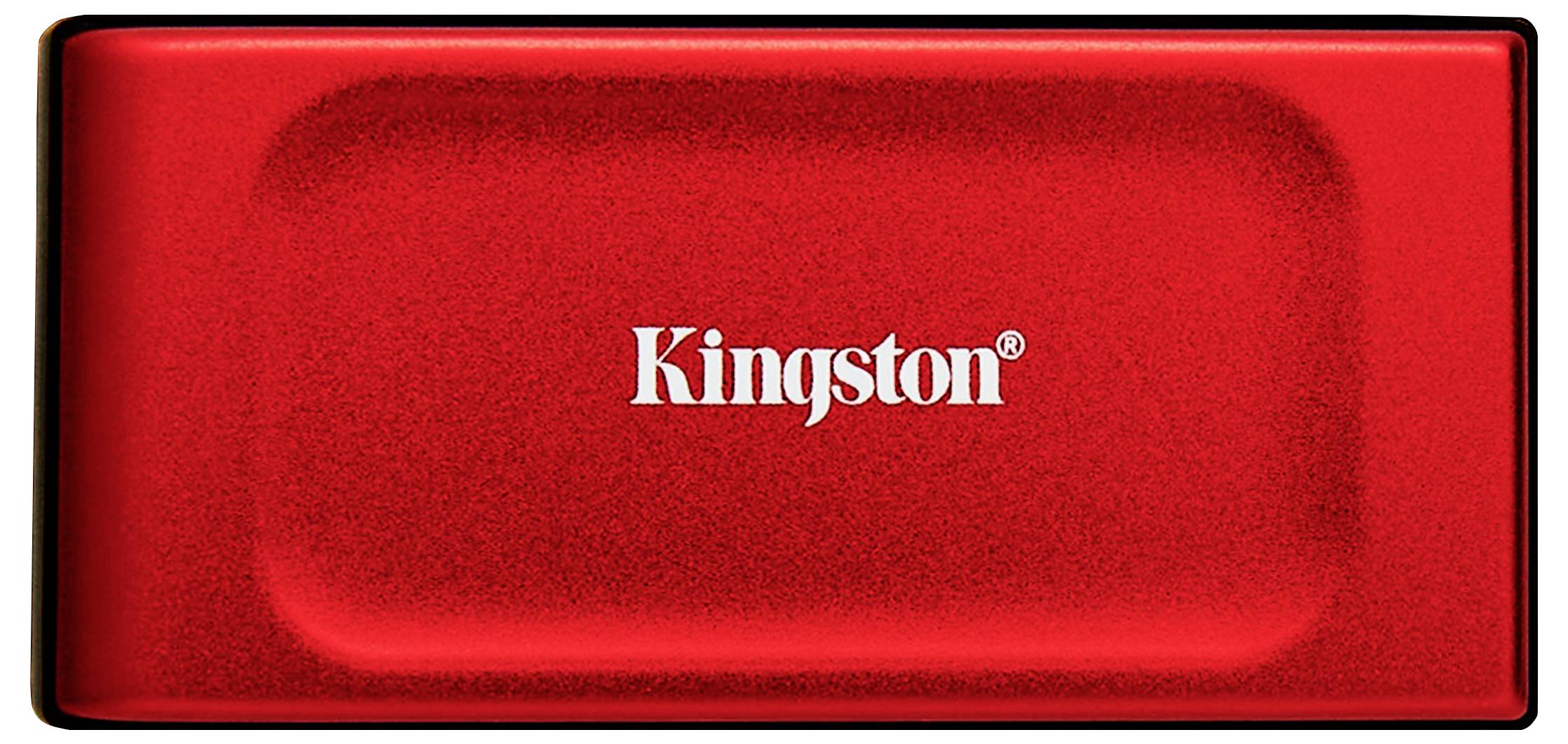 Rote externe SSD von Kingston, rechteckige Form, mit erhabener Textur und dem Kingston-Logo in der Mitte.