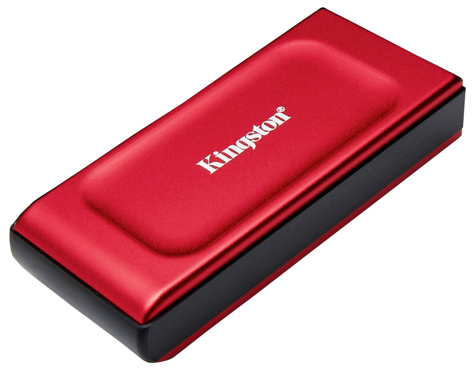 Ein rotes Kingston-USB-Flashlaufwerk mit schwarzer Unterseite, kompakt und portabel. Ideal zum Speichern und Transportieren von Daten.
