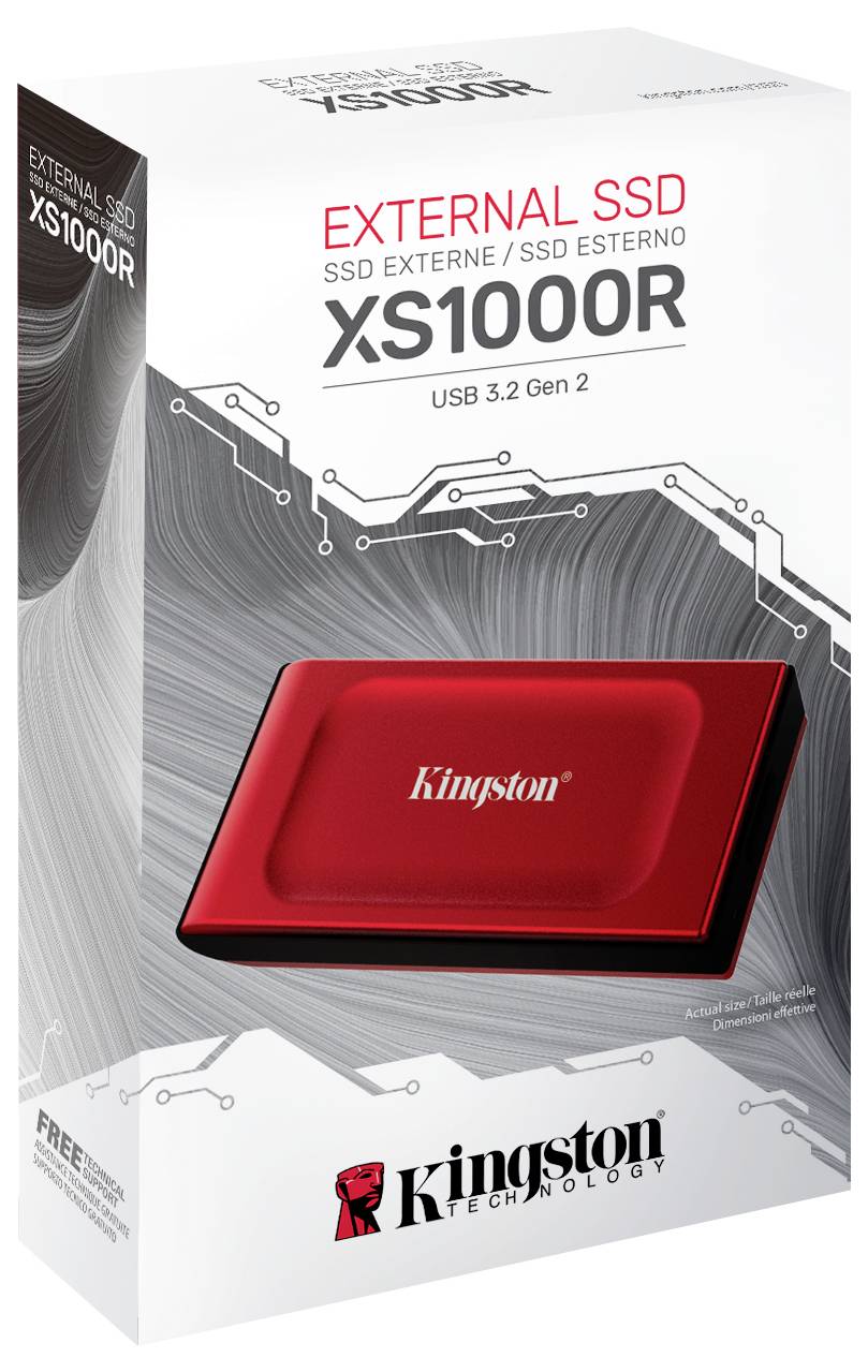 Externe SSD von Kingston, Modell XS1000R, USB 3.2 Gen 2. Die Verpackung zeigt ein Bild der roten SSD.