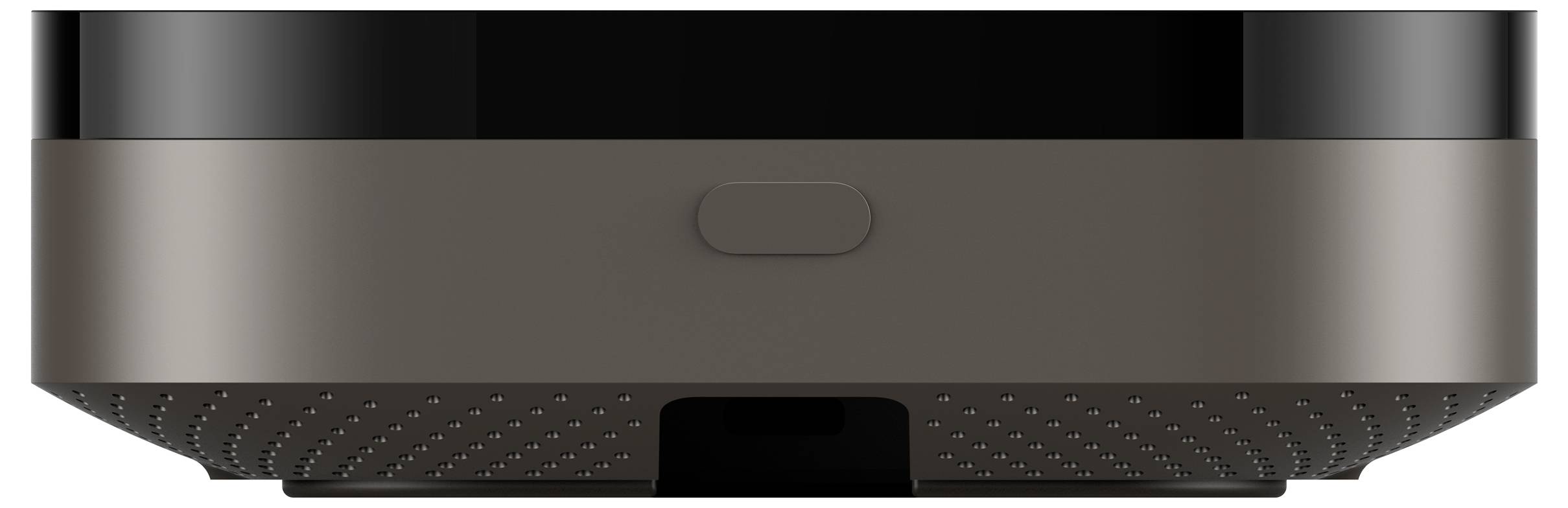 Schwarzes und braunes technologisches Gerät mit einem rechteckigen Knopf auf der Vorderseite sowie einem runden Gehäuse.