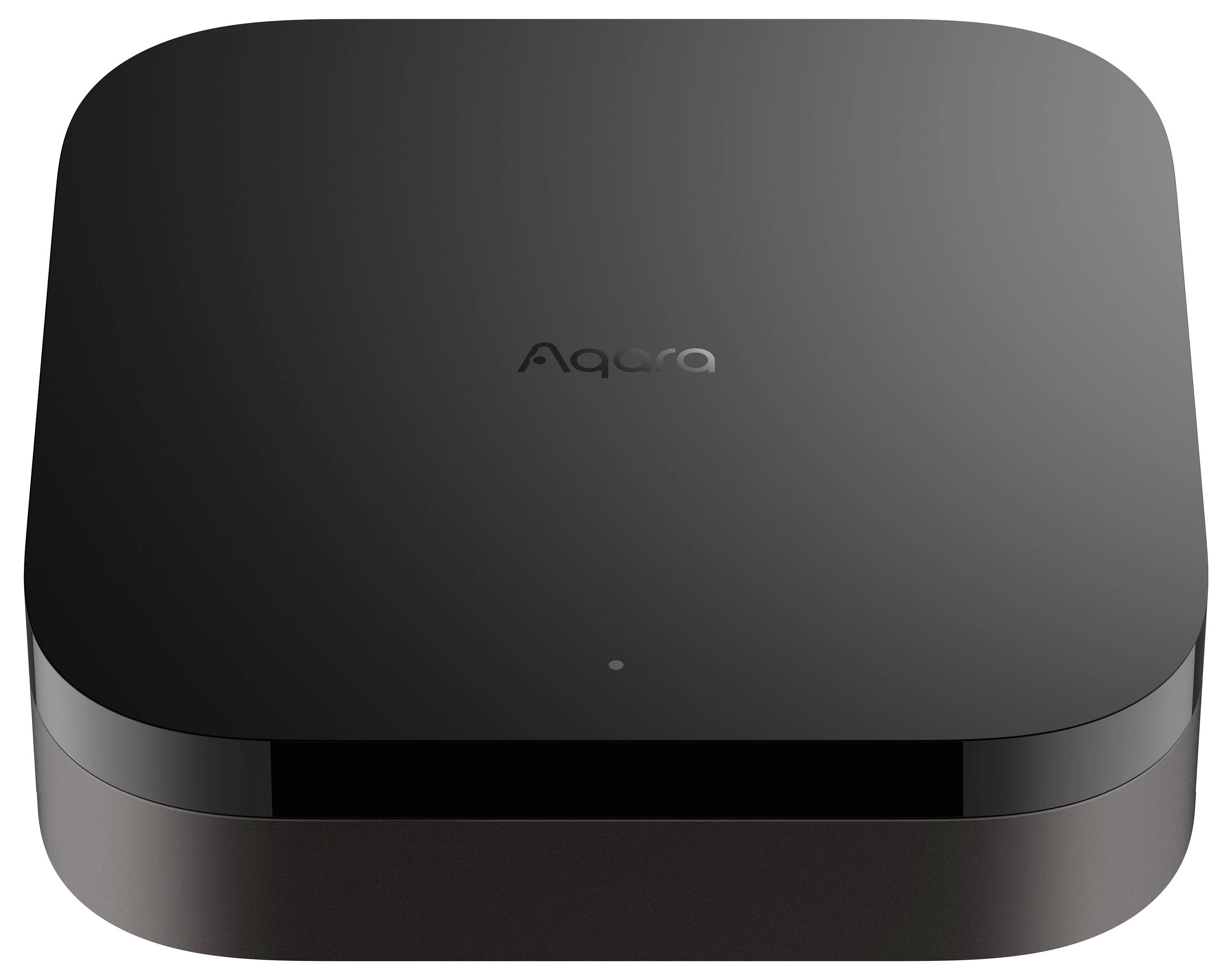Ein quadratisches, schwarzes Gerät mit abgerundeten Ecken und der Aufschrift 'Aqara' auf der Oberseite; modernes, minimalistisches Design.