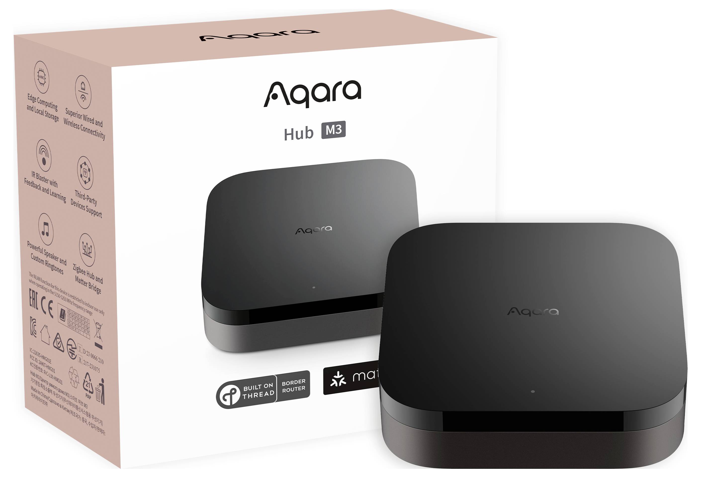 Eine schwarze Smart-Home-Steuerzentrale (Hub M3) von Aqara neben ihrer Verpackung, die technische Icons und Labels zeigt.