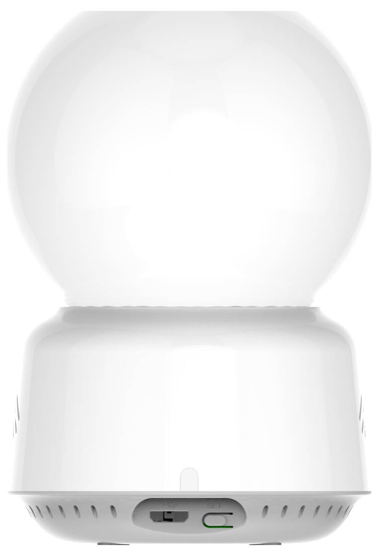 Ein weißer, runder Diffusor mit einem USB-Anschluss und einem Kippschalter an der Basis, geeignet für Aromaöle oder Luftbefeuchtung.