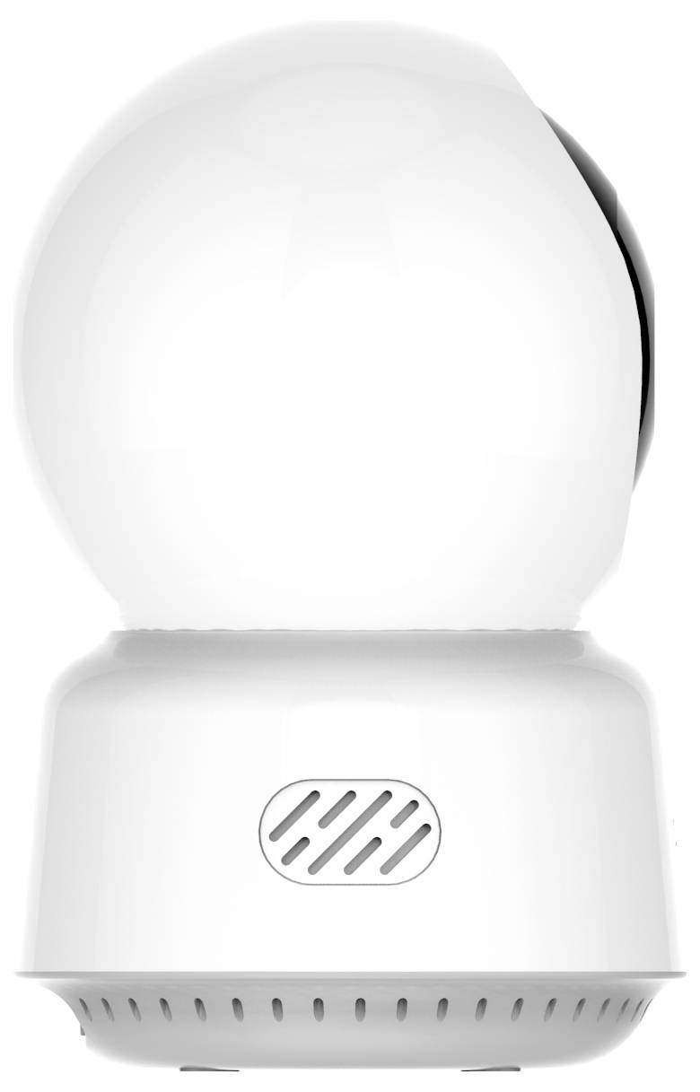 Überwachungskamera in weißem Gehäuse mit Kuppelform, geeignet für Innenräume. Sie bietet Rundumsicht und hat ein schlichtes Design.