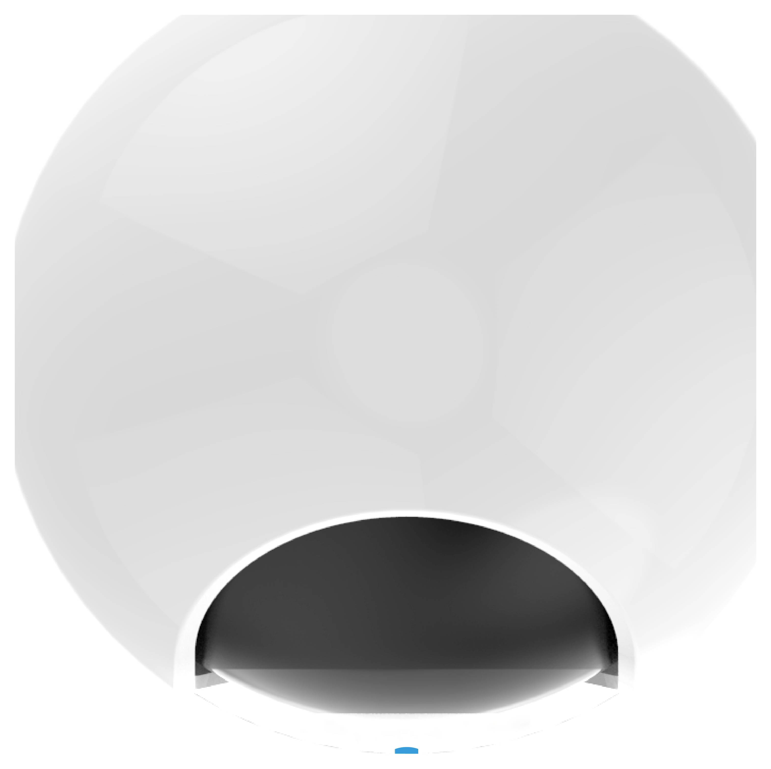 Ein weißer, halbkreisförmiger Gegenstand mit einer dunklen Öffnung in der Mitte, möglicherweise ein Lautsprecher oder Lüftungsauslass.
