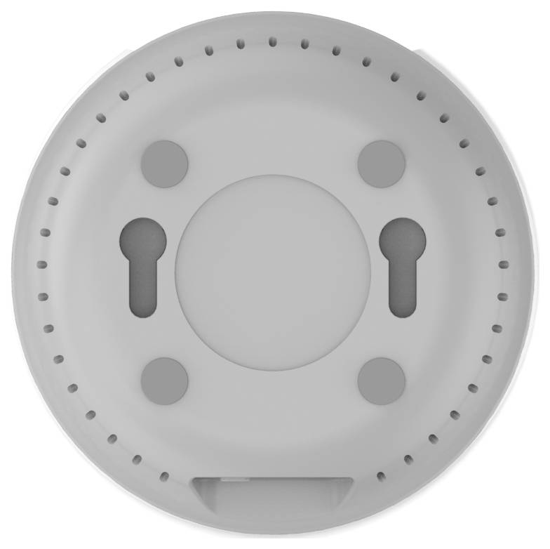 Ein runder, grauer Rauchmelder mit Lüftungsschlitzen und Befestigungspunkten an der Unterseite, zur Deckenmontage gedacht.