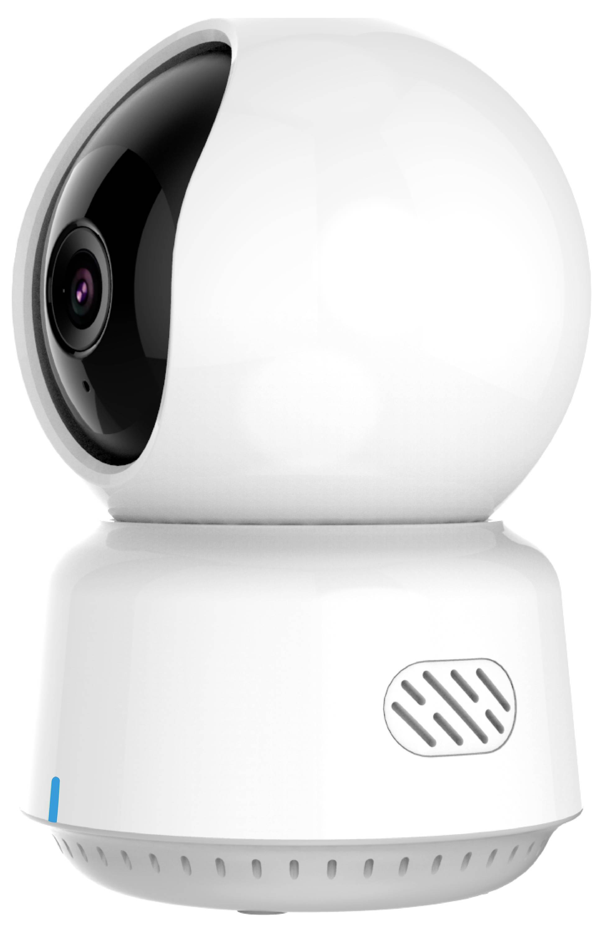 Eine weiße Überwachungskamera mit einer schwarzen Linse und Mikrofon, die schwenk- und neigbar aussieht.