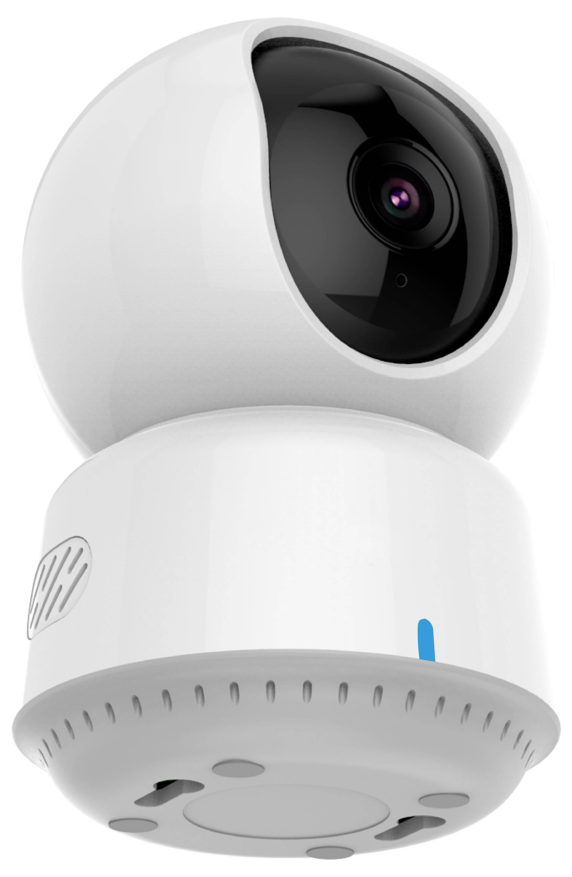 Eine weiße, kugelförmige Sicherheitskamera mit schwarzem Kameraobjektiv und blauer LED-Anzeige, aus stilisierter Perspektive fotografiert.