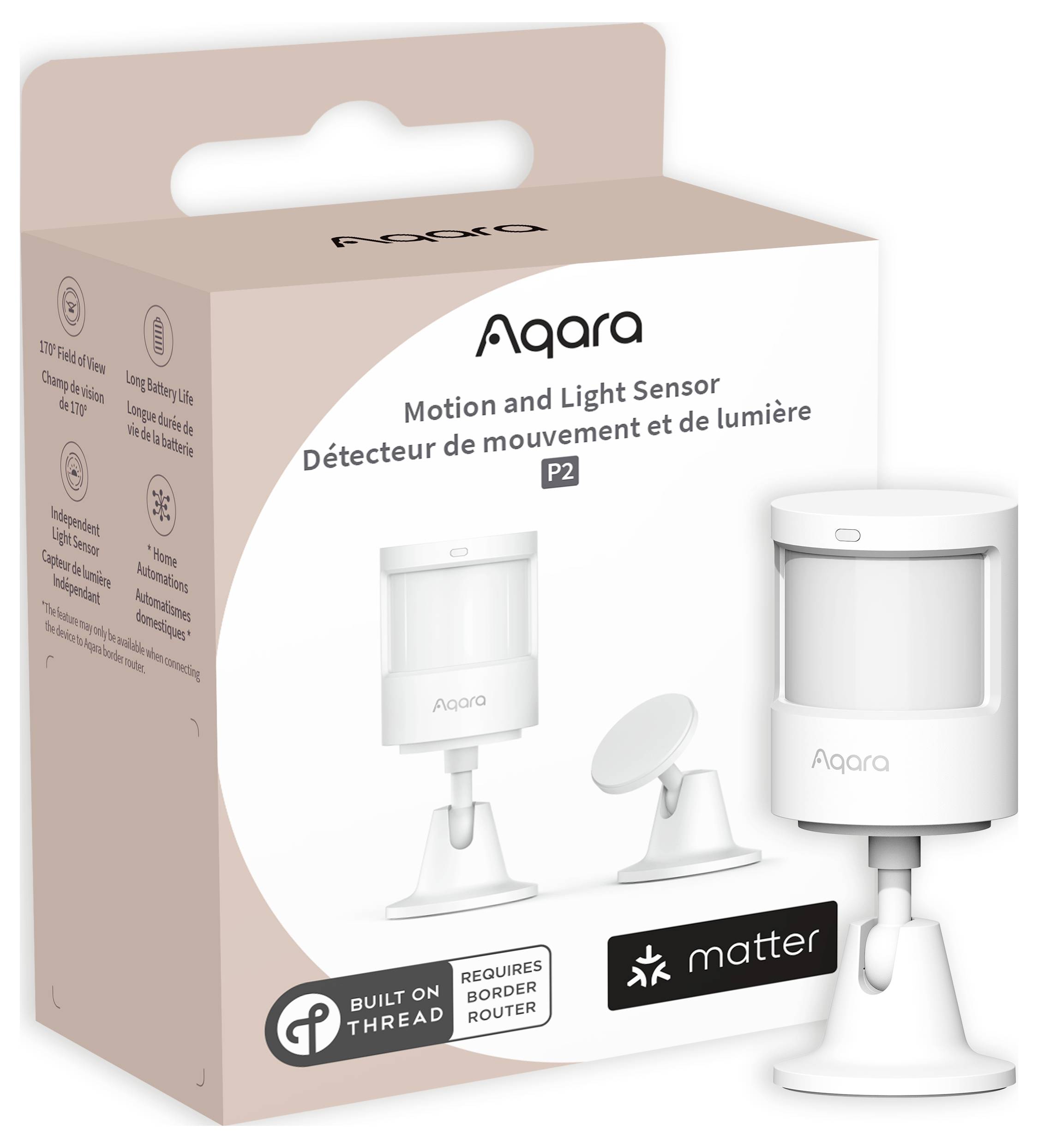 Verpackung eines Aqara Bewegungs- und Lichtsensors P2, zeigt das Gerät mit flexibler Halterung. Unterstützt Thread und Matter.