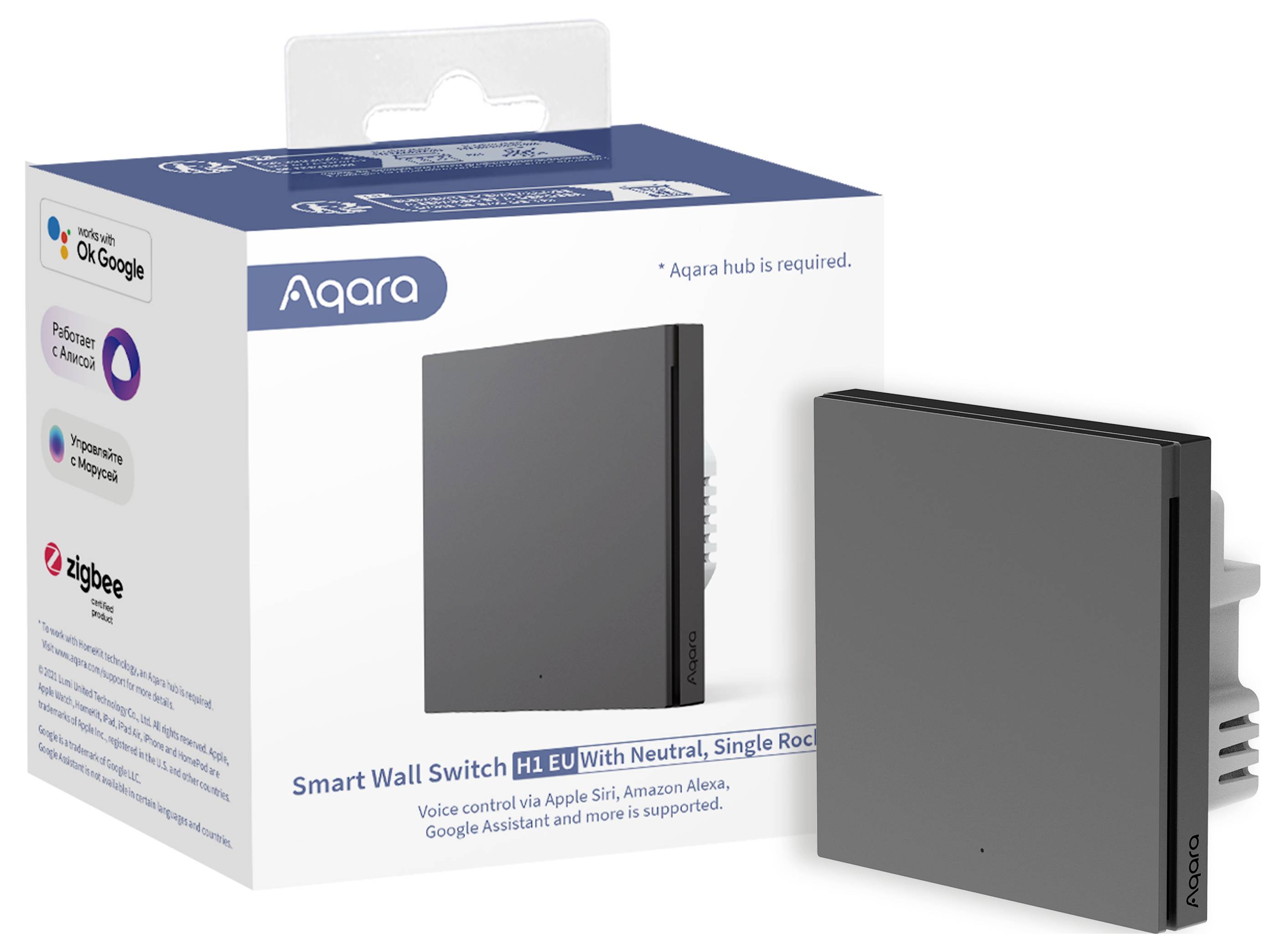 'Smart Wall Switch H1 EU' von Aqara zur Sprachsteuerung mit Apple Siri, Amazon Alexa und Google Assistant, kompatibel mit Zigbee. Verpackung und Schalter abgebildet.