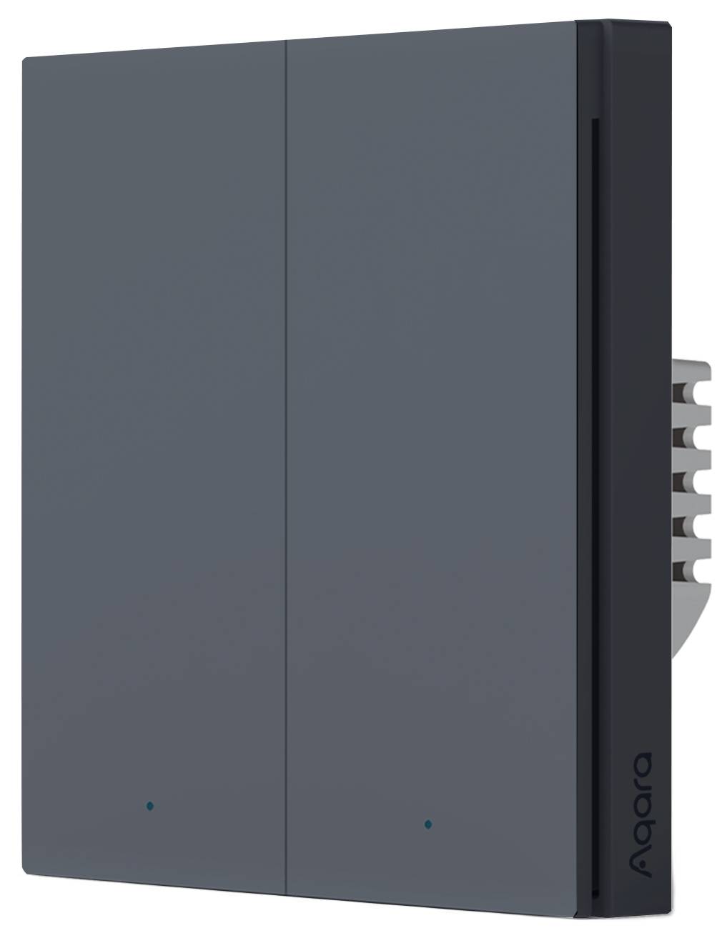 Ein intelligenter Wandschalter mit zwei Tasten, in Schwarz, mit dezenten LED-Anzeigen. Geeignet für die Steuerung von Smart-Home-Geräten.