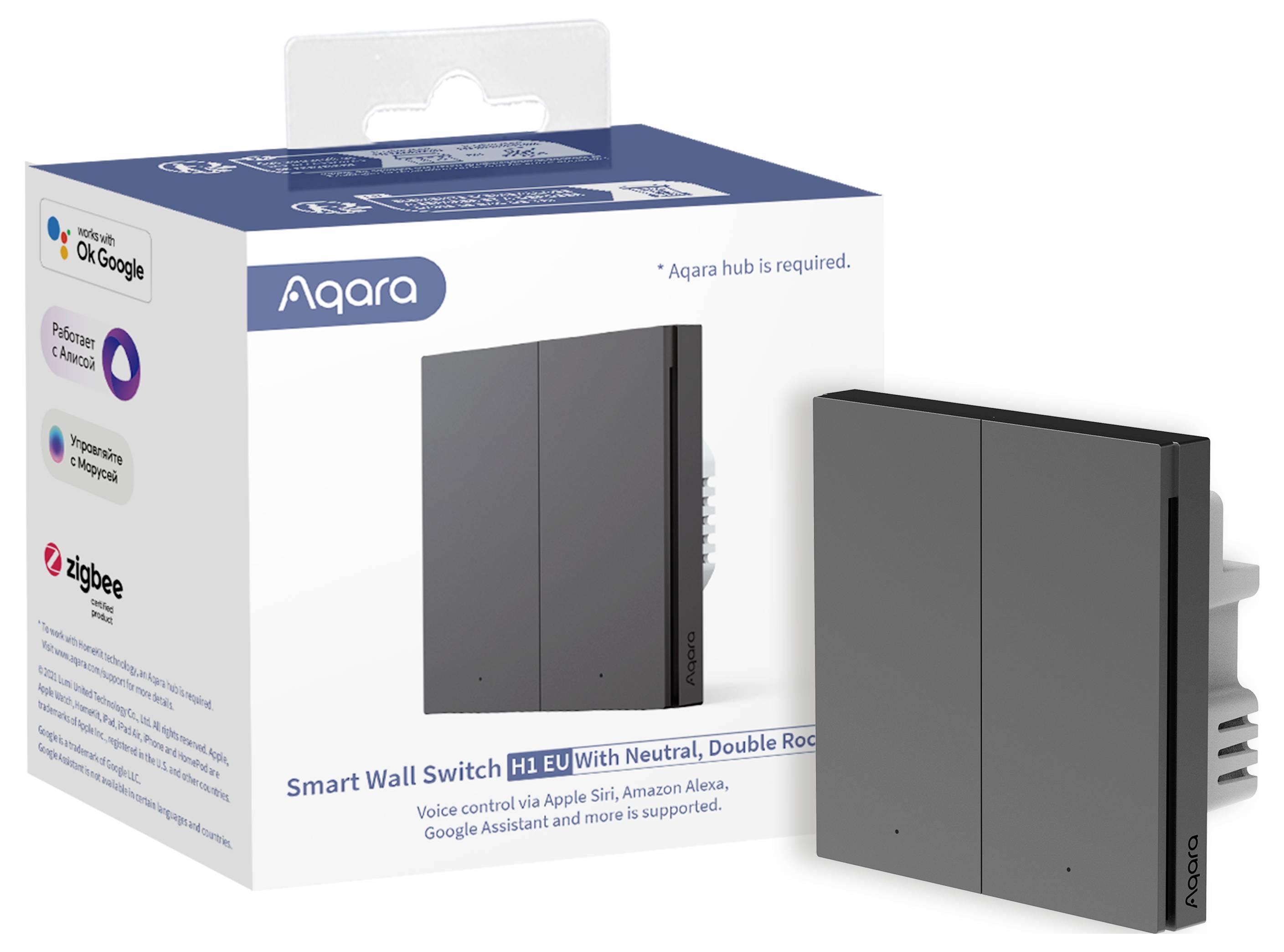 'Smart Wall Switch H1 EU' von Aqara, kompatibel mit Apple Siri, Amazon Alexa, Google Assistant, erfordert Aqara Hub, Verpackung und Produkt abgebildet.