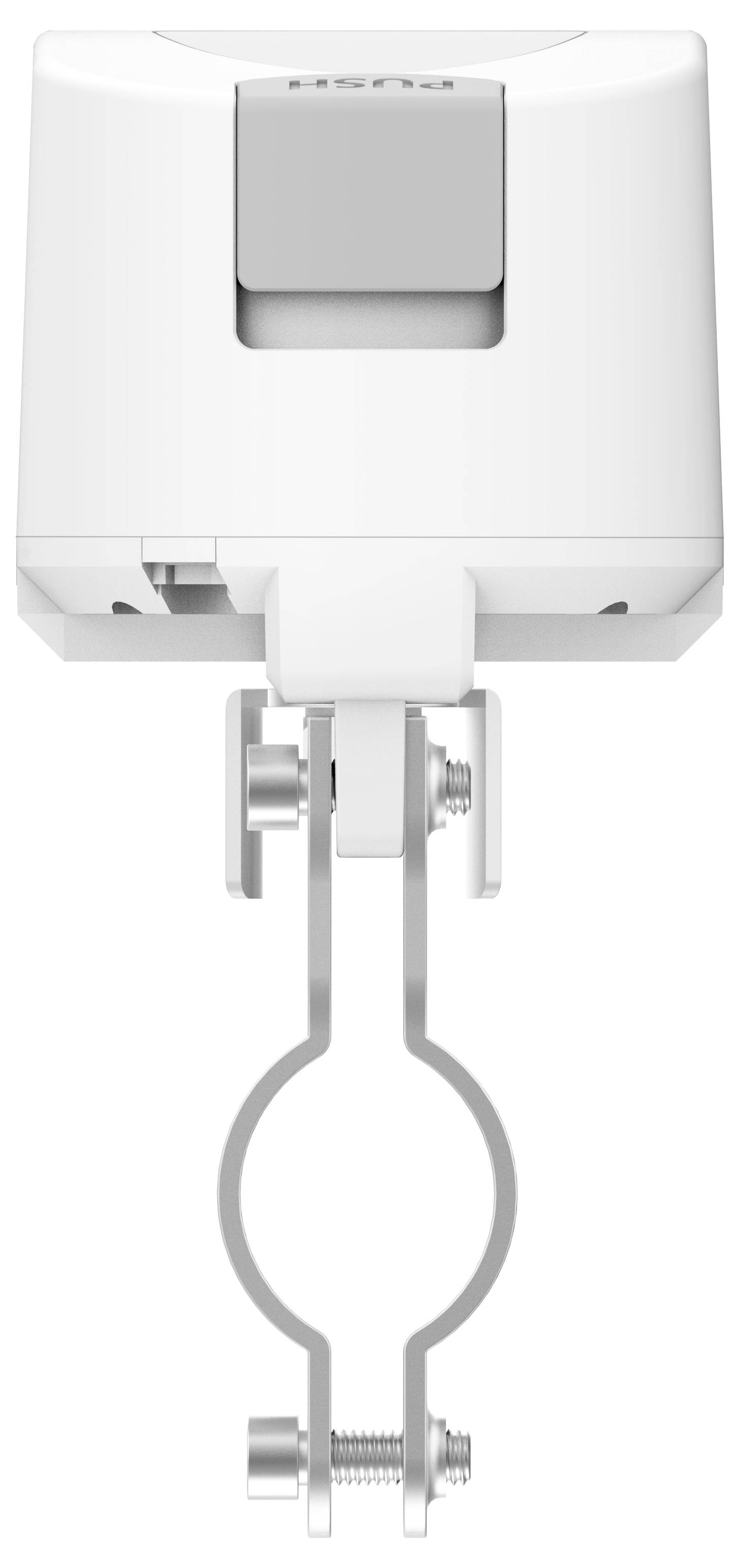 Ein weißes Gerät mit einer grauen Taste, montiert auf einem Halterungsmechanismus. Das Gerät scheint für Befestigungszwecke konzipiert zu sein.