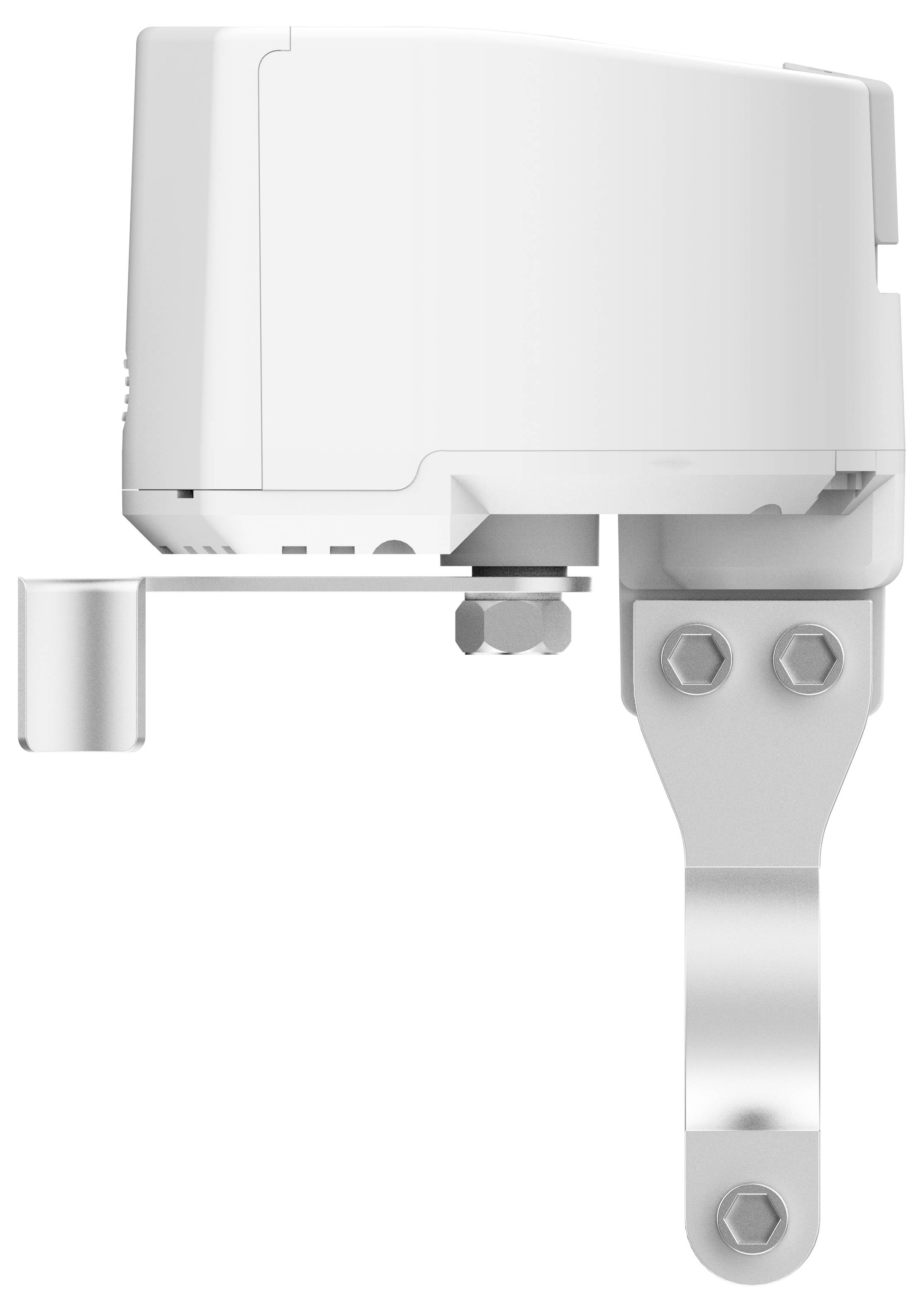 Seitliche Ansicht eines weißen, mechanischen Geräts mit Hebelarm, möglicherweise Teil eines Montage- oder Befestigungssystems.