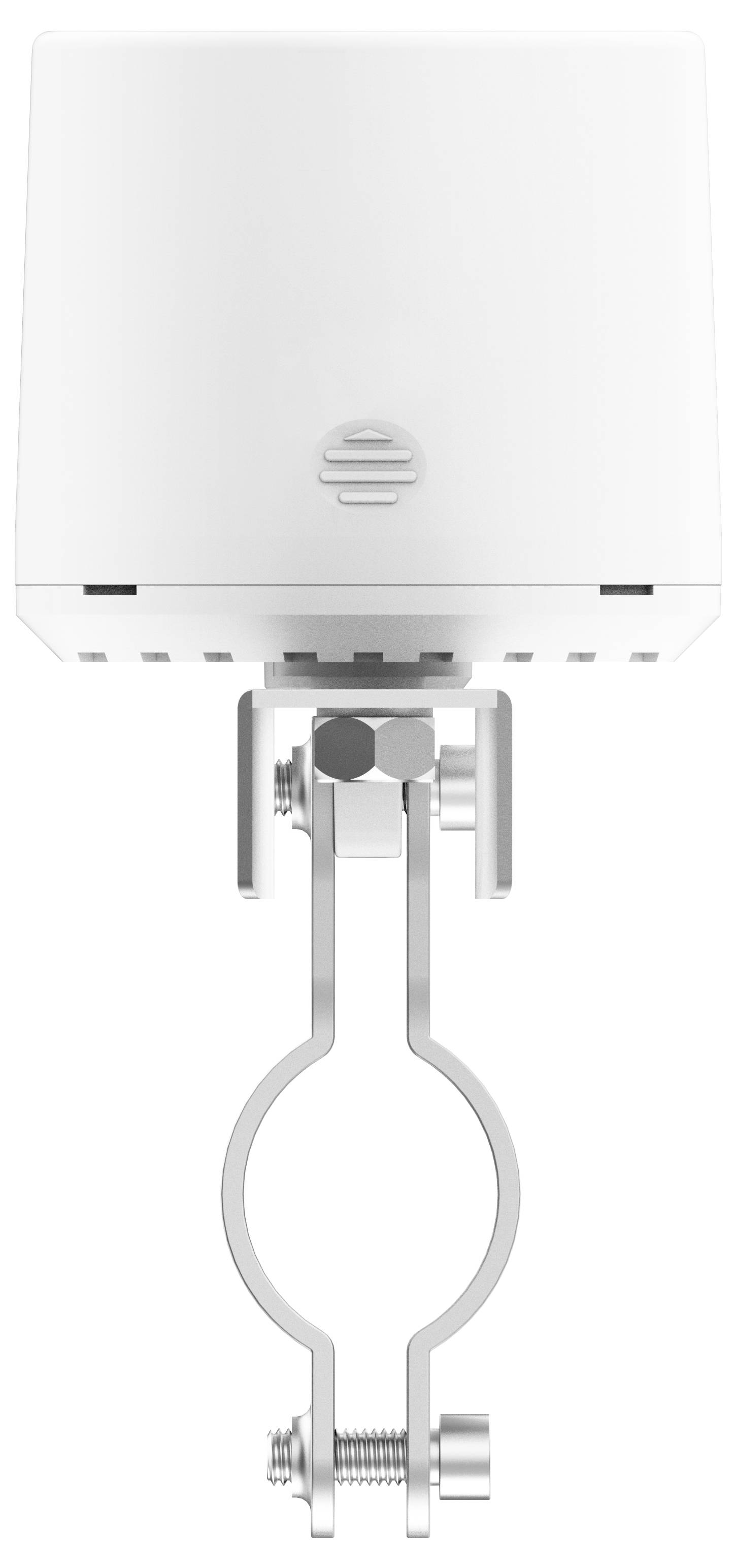 Ein weißer, rechteckiger Sensor ist an einer runden Metallhalterung montiert, die mit Schrauben befestigt wird.