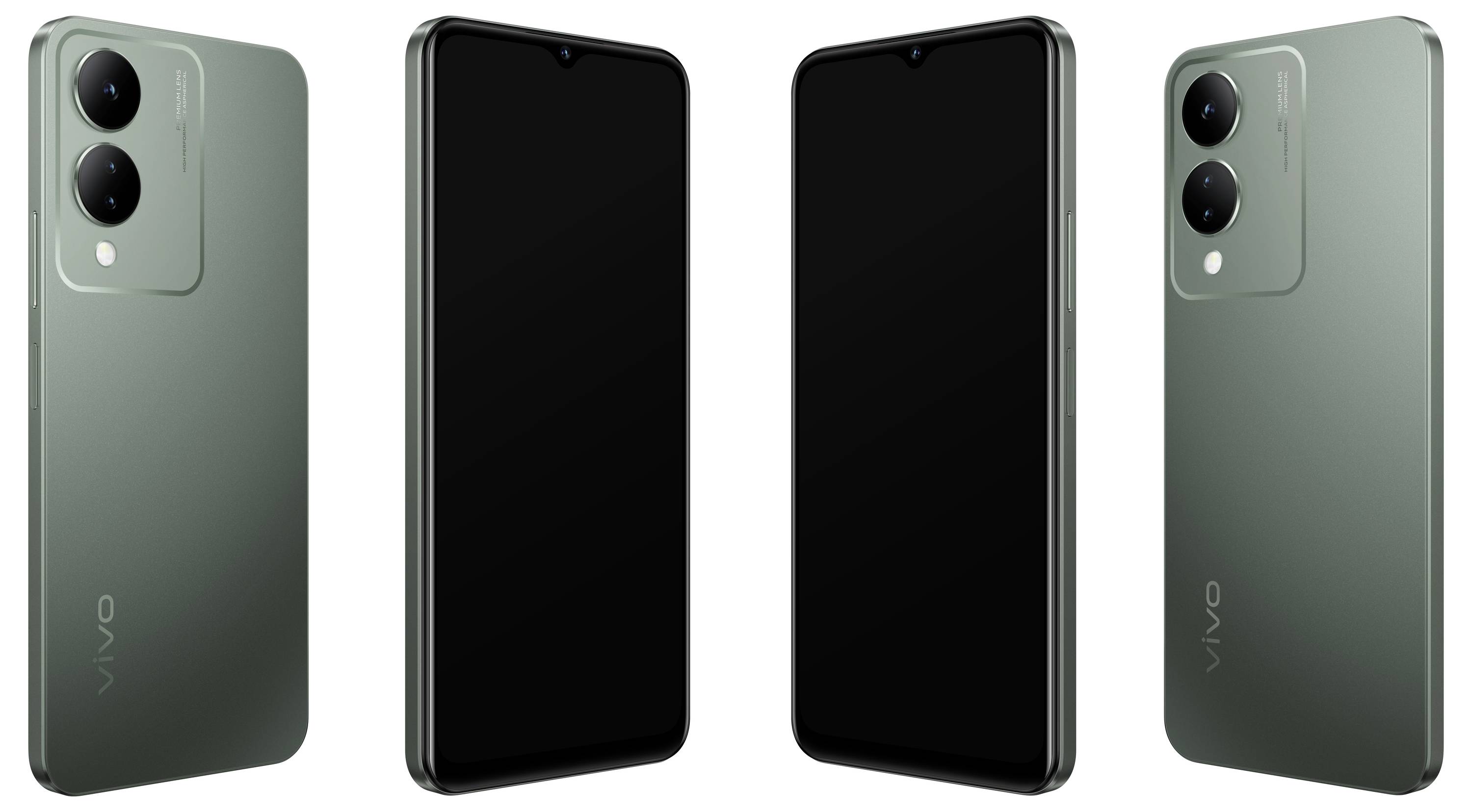 Vier grüne Smartphones in einer frontalen und rückseitigen Ansicht. Die Rückseite zeigt zwei Kameras und den Schriftzug 'Vivo'.