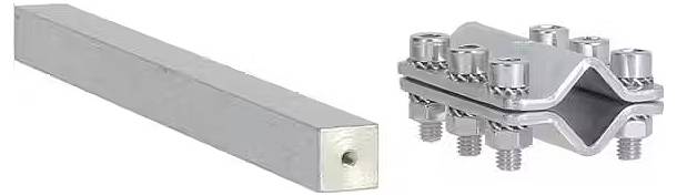 Metallisches Vierkantrohr links und Spannverbinder rechts. Beide aus glänzendem Metall.