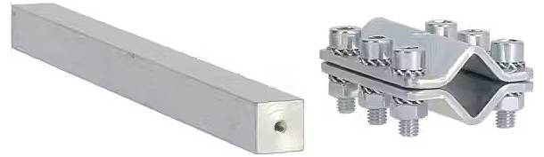 Ein rechteckiger, langer Metallstab links und rechts ein Klemmsystem mit Schrauben zur Verbindung von Metallteilen.
