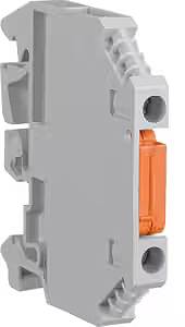 Grauer Kunststoffblock mit zwei Löchern und orangefarbenem Schalter, Teil eines elektrischen Steckverbinders oder einer Klemme.