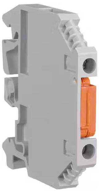 Grauer elektrischer Steckverbinder mit orangener Klemmfläche, seitliche Ansicht. Hauptsächlich verwendet für sichere elektrische Verbindungen.