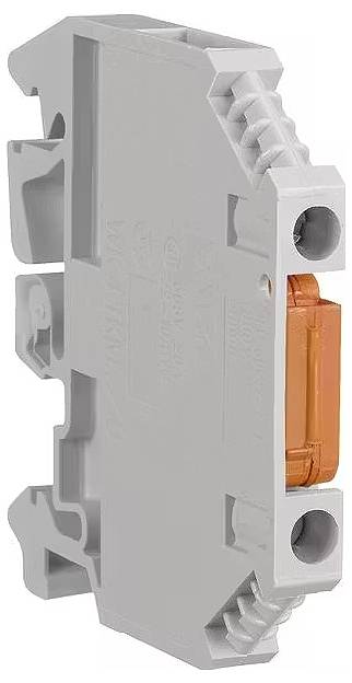 Grauer Isolatorblock mit orangefarbenem Einsatz, seitlich sichtbar. Wird zur sicheren Verbindung in elektrischen Schaltungen verwendet.