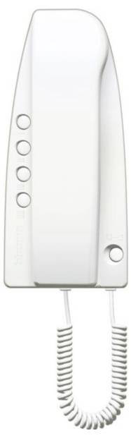 Ein weißes Wandtelefon mit Hörer und Schnur. Vier Tasten zur Bedienung befinden sich in der Mitte. Schlichtes, modernes Design.