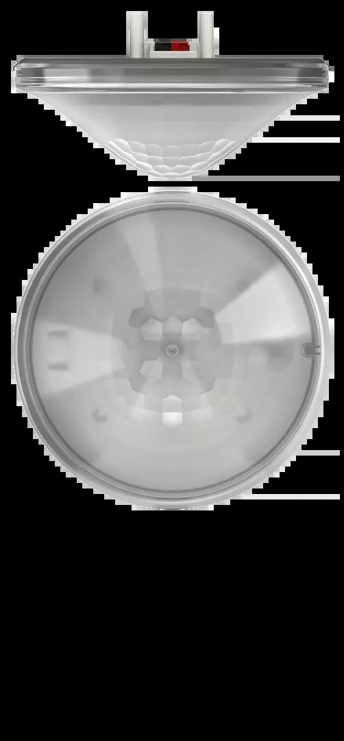 Ein grauer runder LED-Reflektor mit gewölbter Oberfläche und sechseckigem Muster in der Mitte, von oben gesehen.