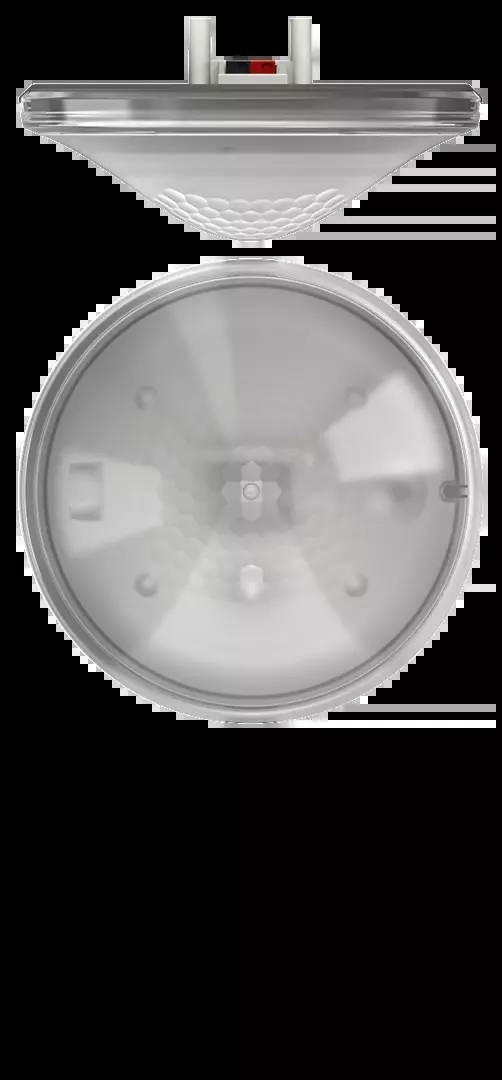 Runde Deckenlampe mit weißem Schirm und dezentem Muster, zentral montiert.