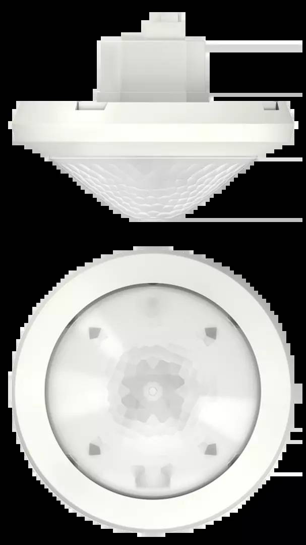 Zwei Ansichten eines runden weißen Bewegungssensors von Decke aus von der Seite und von unten. Kuppelförmiges Design.