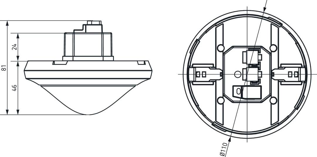 Technische Zeichnung eines runden Sensors mit seitlicher und frontaler Ansicht, zeigt genaue Maße und Bauteile.