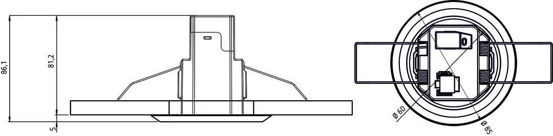 Strichzeichnung zeigt ein Profil eines Gebäudes neben einem erhöhten Fußweg mit Rampe. Architekturdetails zur Barrierefreiheit hervorgehoben.