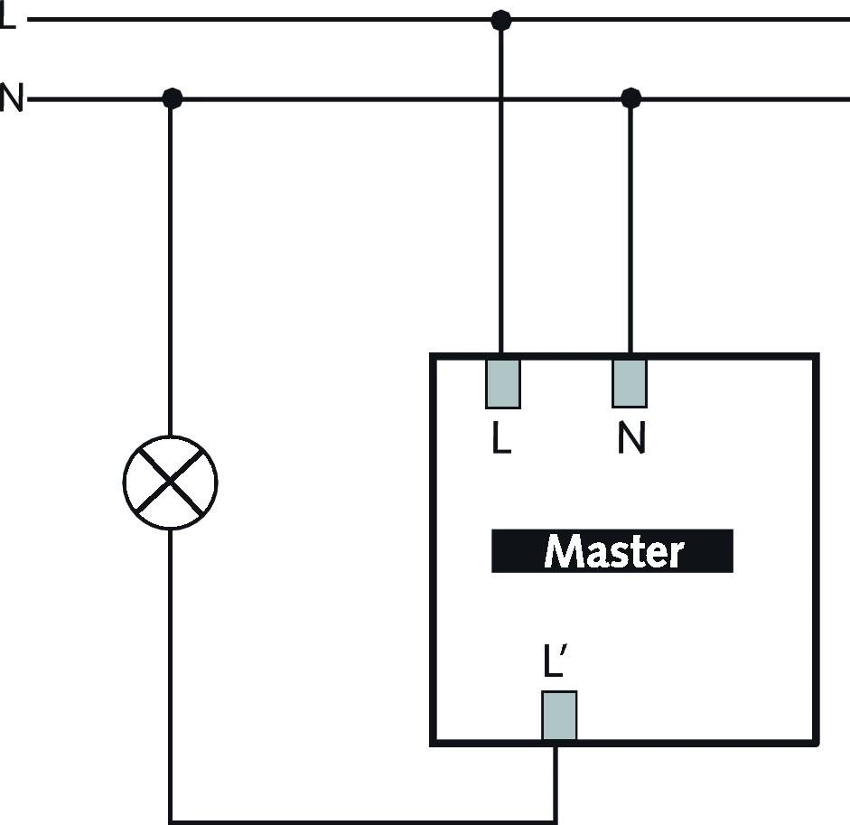 Ein Schaltplan zeigt eine elektrische Verbindung mit einem Schalter und einer Beschriftung 'Master' zur Steuerung der Schaltung.