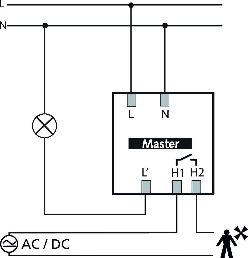 Schaltplan eines elektrischen Verbindungssystems mit der Bezeichnung 'Master', zeigt Stromverbindungen und Anschlüsse. Symbol für AC/DC vorhanden.