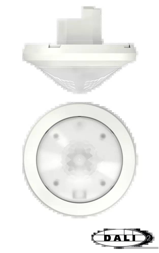 Der Rauchmelder wird von oben und von der Seite gezeigt, beide Ansichten in Weiß.