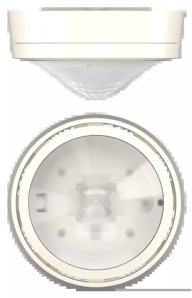 Ein runder Bewegungsmelder mit transparentem Gehäuse und unauffälligem Design für die Deckenmontage, geeignet zur Erkennung von Präsenz.