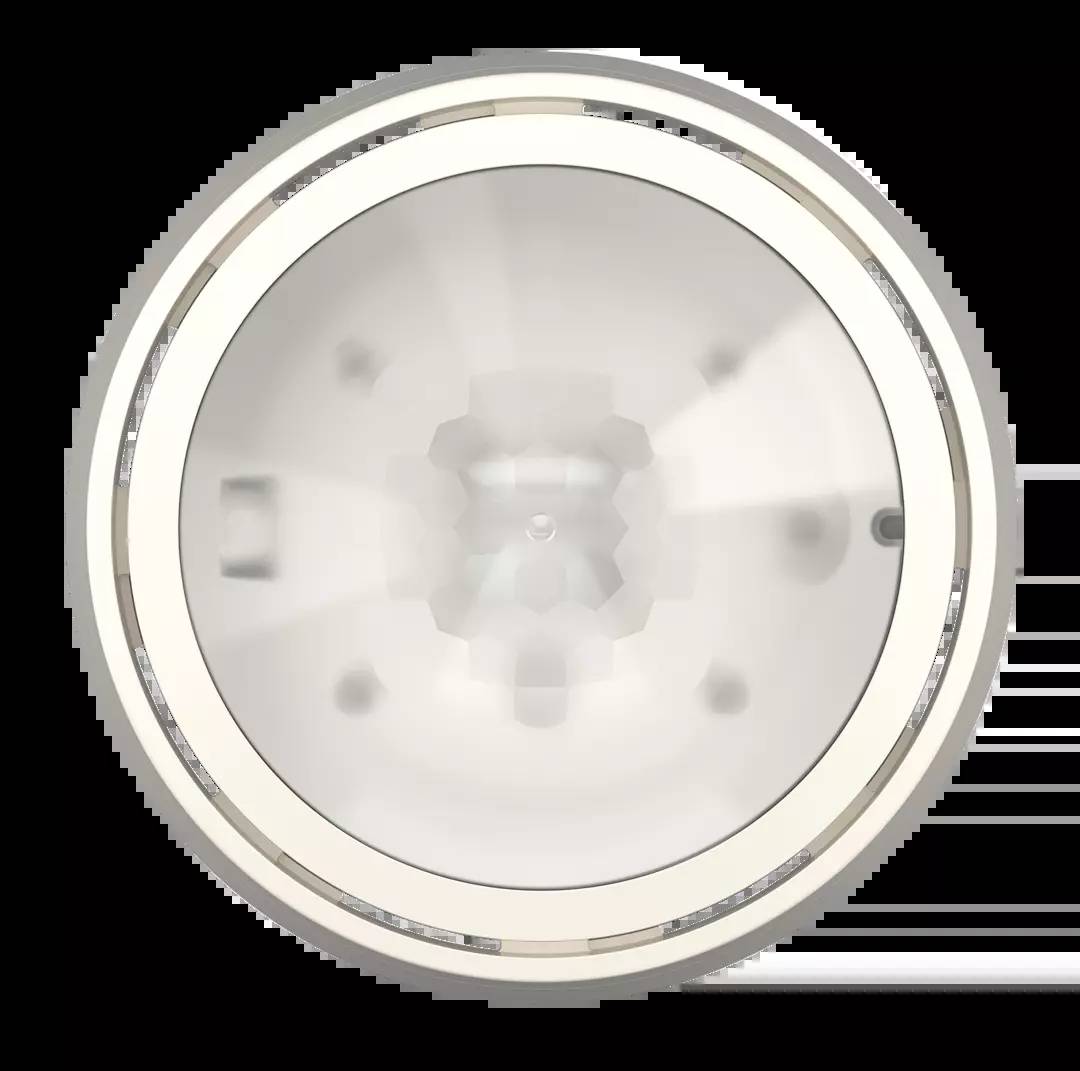 Eine runde, weiße Kunststoffleuchte mit einem transparenten Mittelteil und einer glatten, glänzenden Oberfläche.