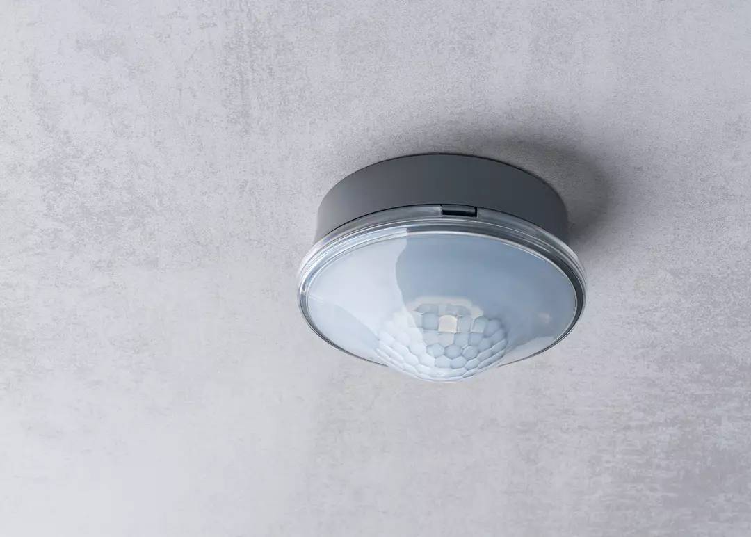 Runder Bewegungsmelder an der Decke, erfasst Bewegung zur Lichtsteuerung, graues Gehäuse, montiert auf weißer Oberfläche.